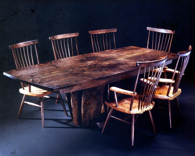 Leaves of a Tree Table Set in Walnut with seats & arms of matched Maple Burl by Michael Elkan