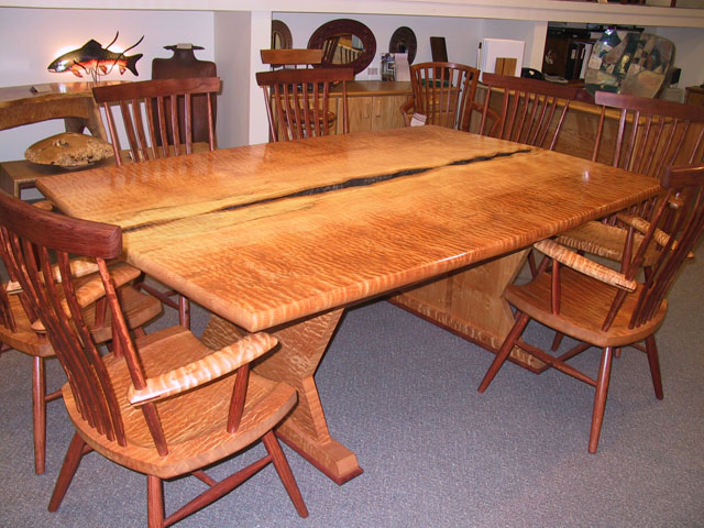 Natural Caverns Table Set in Quilted Maple with Walnut & Maple chairs by Michael Elkan